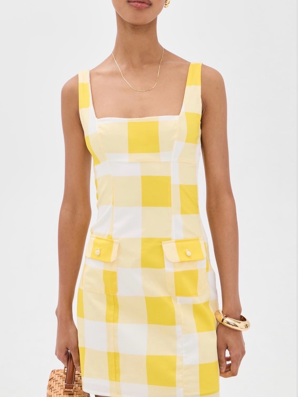 Peixoto Margot Yellow Gingham Square-Neck Mini Dress